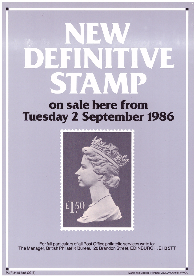 (image for) 1986 High Value Definitive Stamp Post Office A4 poster. PL(P)3415 8/86 CG(E).
